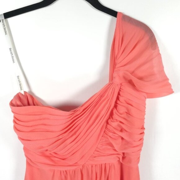 DAVID’S‎ BRIDAL One Shoulder Ruffle Ruched Faux Wrap Chiffon Sheer Dress Size 6 - Picture 7 of 12